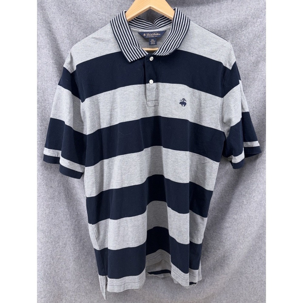 Brooks Brothers Rugby Polo Shirt Men XXL 2XL Striped Blue Gray Embroidered Logo - Picture 2 of 7